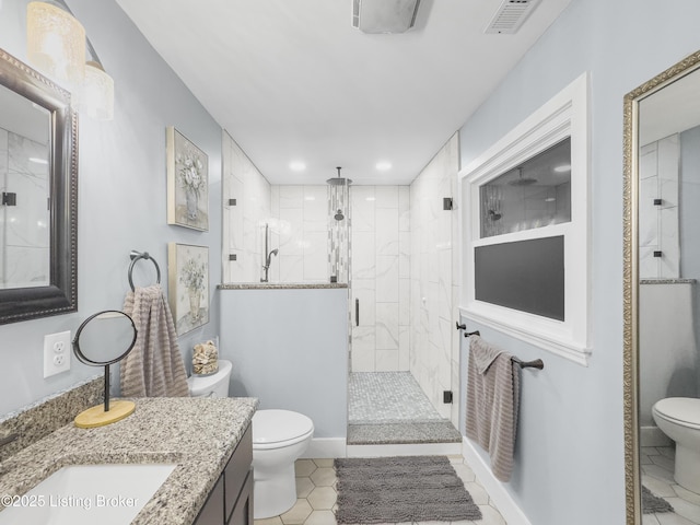 full bathroom with vanity, visible vents, toilet, recessed lighting, and a stall shower