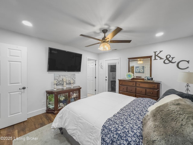 bedroom featuring recessed lighting, baseboards, ceiling fan, and wood finished floors