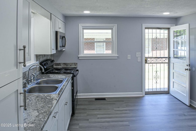 kitchen with a sink, plenty of natural light, white cabinetry, stainless steel microwave, and black / electric stove