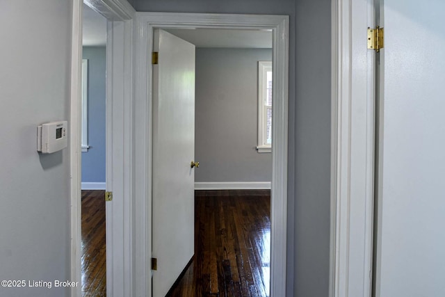 hall with baseboards and dark wood-type flooring