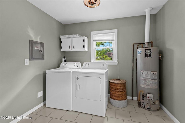 laundry room with baseboards, electric panel, washing machine and clothes dryer, cabinet space, and water heater