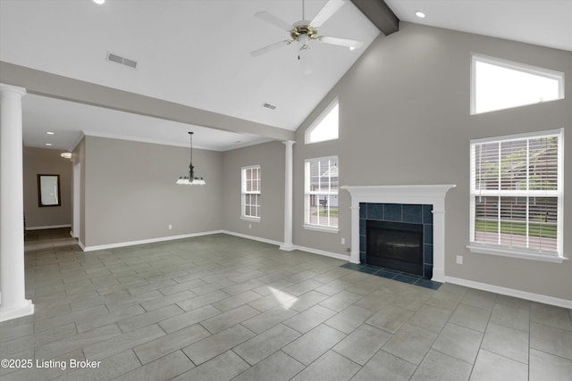10002 Brownsboro Gardens Cir, Louisville, KY 40241 - unfurnished living room with a fireplace, high vaulted ceiling, baseboards, ceiling fan with notable chandelier, and ornate columns