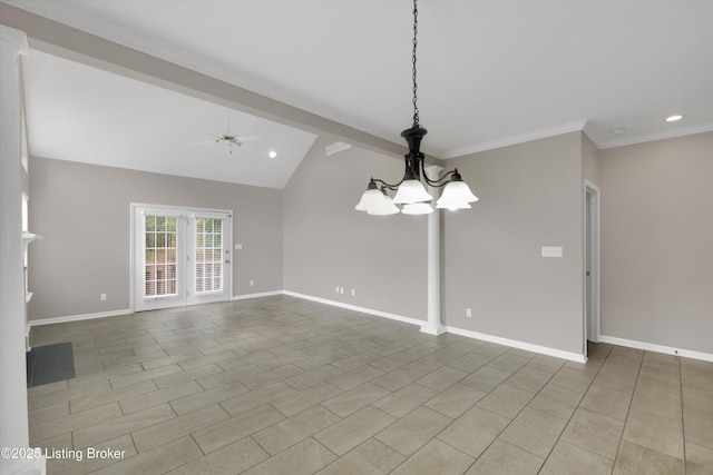 10002 Brownsboro Gardens Cir, Louisville, KY 40241 - spare room featuring vaulted ceiling, baseboards, ceiling fan with notable chandelier, ornamental molding, and recessed lighting