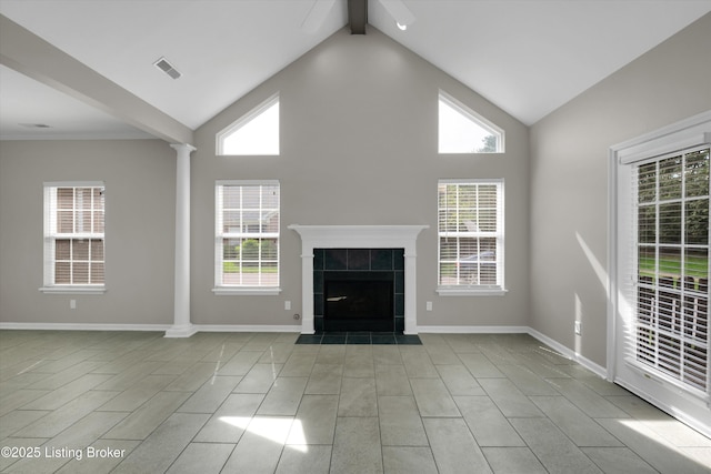 10002 Brownsboro Gardens Cir, Louisville, KY 40241 - unfurnished living room featuring beam ceiling, a fireplace, high vaulted ceiling, ornate columns, and visible vents