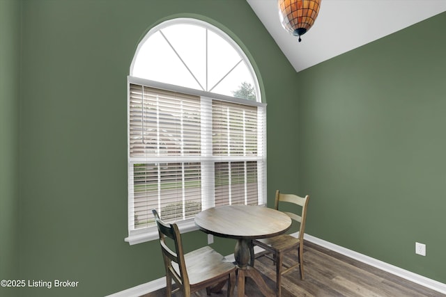 10002 Brownsboro Gardens Cir, Louisville, KY 40241 - dining room with baseboards, wood finished floors, and lofted ceiling