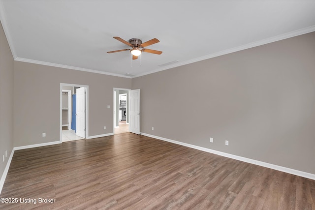10002 Brownsboro Gardens Cir, Louisville, KY 40241 - empty room with crown molding, visible vents, wood finished floors, baseboards, and ceiling fan