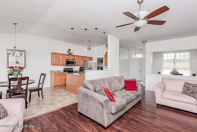 220 Rockcrest Way, Louisville, KY 40245 - living room featuring a ceiling fan, vaulted ceiling, and wood finished floors