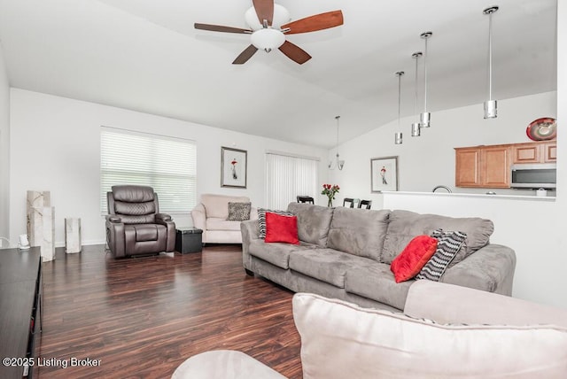 220 Rockcrest Way, Louisville, KY 40245 - living room with vaulted ceiling, ceiling fan, and wood finished floors