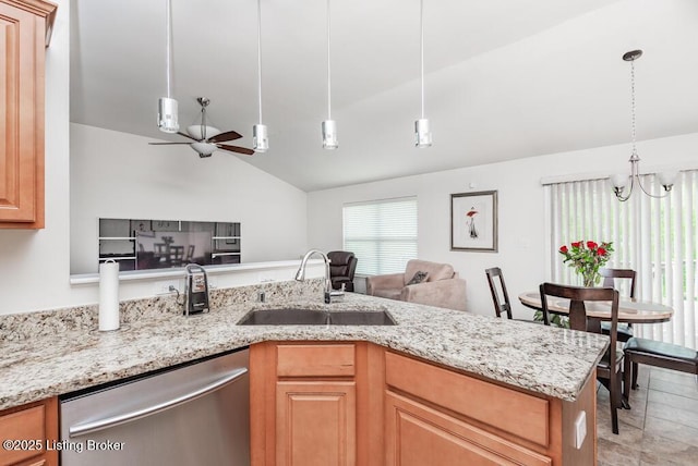 220 Rockcrest Way, Louisville, KY 40245 - kitchen with stainless steel dishwasher, a sink, vaulted ceiling, open floor plan, and a ceiling fan