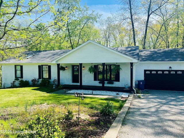 3003 Coffee Tree Ct, Crestwood, KY 40014 - ranch-style house with covered porch, a garage, brick siding, a front lawn, and driveway