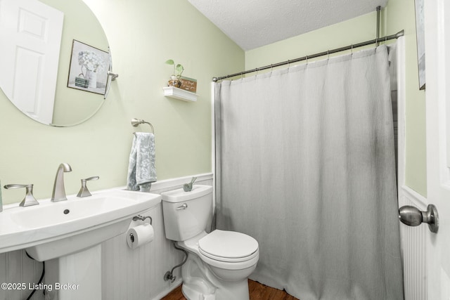 3003 Coffee Tree Ct, Crestwood, KY 40014 - full bathroom with toilet, a textured ceiling, wood finished floors, a shower with shower curtain, and a sink