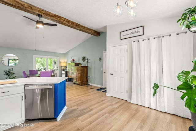 3003 Coffee Tree Ct, Crestwood, KY 40014 - kitchen with stainless steel dishwasher, blue cabinetry, ceiling fan, light countertops, and light wood finished floors