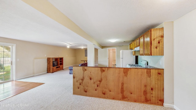 kitchen with light colored carpet, freestanding refrigerator, a peninsula, and under cabinet range hood