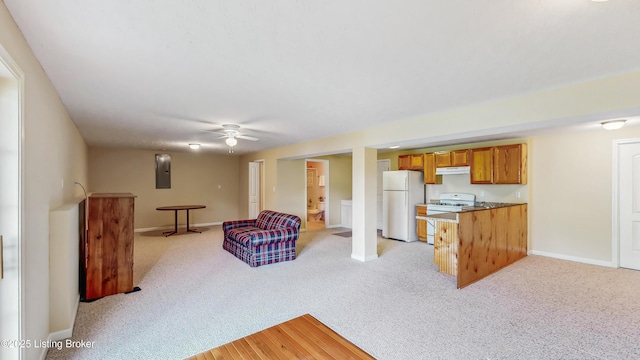living area with baseboards, ceiling fan, and light colored carpet