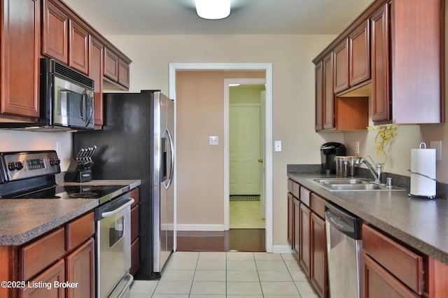 kitchen featuring a sink, dark countertops, and stainless steel appliances