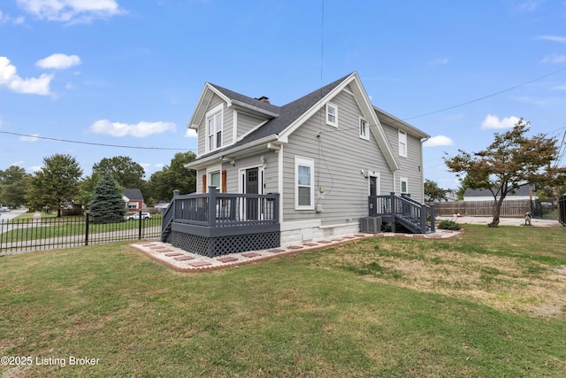 view of side of home with a fenced backyard, central air condition unit, a yard, and a deck