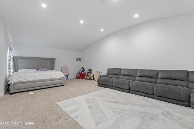 bedroom featuring recessed lighting, carpet floors, and lofted ceiling