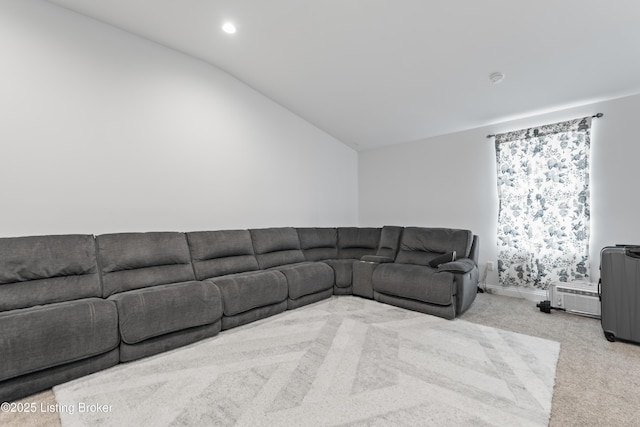 living room with carpet floors, vaulted ceiling, recessed lighting, and radiator