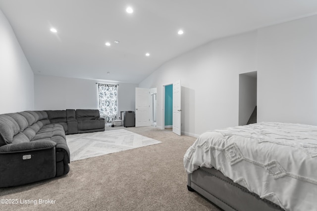 bedroom featuring carpet floors, recessed lighting, baseboards, and vaulted ceiling