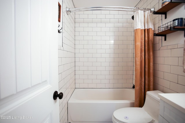 9500 Galene Dr, Louisville, KY 40299 - bathroom featuring vanity, shower / bathtub combination with curtain, toilet, and tile walls