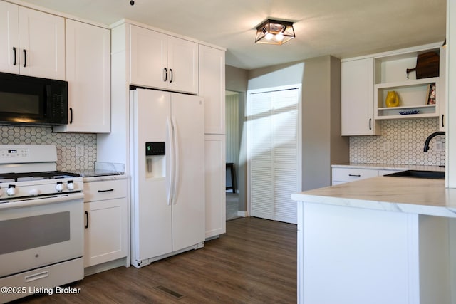 9500 Galene Dr, Louisville, KY 40299 - kitchen with open shelves, white appliances, dark wood-style floors, white cabinetry, and a sink