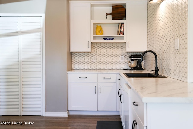 9500 Galene Dr, Louisville, KY 40299 - kitchen with open shelves, white cabinets, tasteful backsplash, a sink, and dark wood finished floors