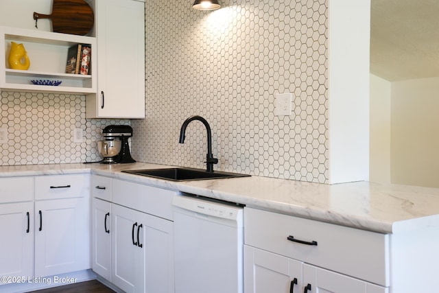 9500 Galene Dr, Louisville, KY 40299 - kitchen with white cabinets, white dishwasher, open shelves, a sink, and decorative backsplash