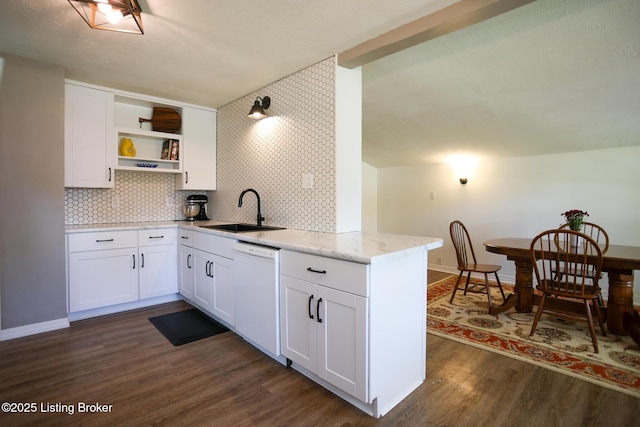 9500 Galene Dr, Louisville, KY 40299 - kitchen with open shelves, decorative backsplash, dark wood-style floors, a sink, and dishwasher
