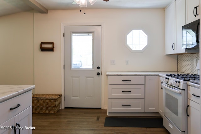 9500 Galene Dr, Louisville, KY 40299 - kitchen with black microwave, plenty of natural light, white range with gas stovetop, and ceiling fan