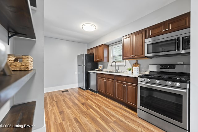 kitchen featuring a sink, light wood-style flooring, stainless steel appliances, baseboards, and visible vents