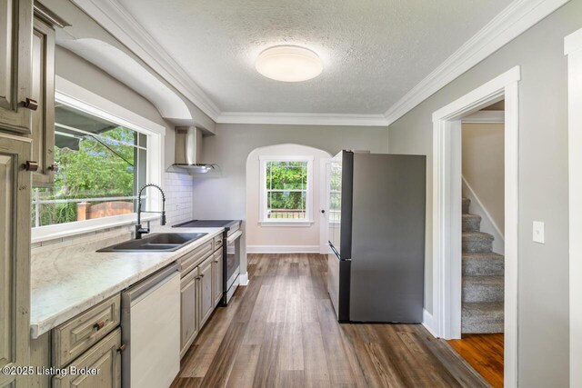 kitchen with crown molding, a sink, stainless steel appliances, wall chimney exhaust hood, and dark wood-type flooring