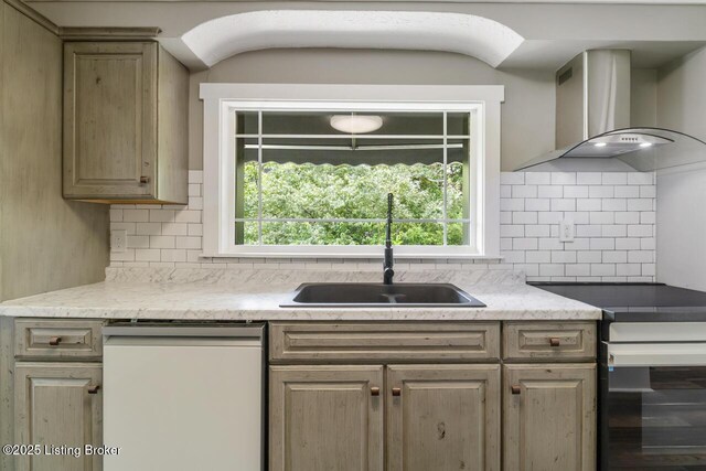 kitchen with decorative backsplash, electric range, white dishwasher, a sink, and wall chimney exhaust hood