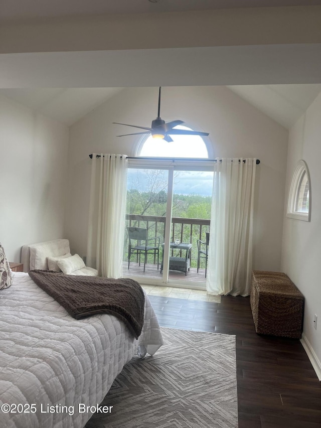 3115 Wynbrooke Cir, Louisville, KY 40241 - bedroom with vaulted ceiling, access to exterior, wood finished floors, and a ceiling fan