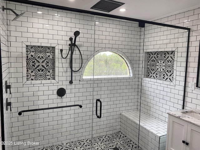 3115 Wynbrooke Cir, Louisville, KY 40241 - bathroom featuring a stall shower, vanity, and recessed lighting