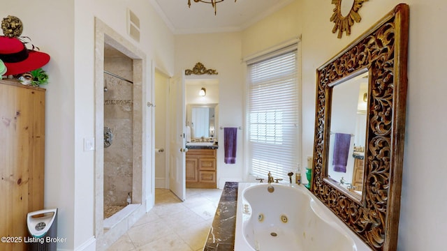 1223 S 1st St, Louisville, KY 40203 - full bath with a tub with jets, a shower stall, crown molding, and vanity