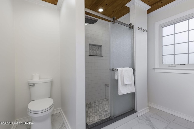 full bath featuring crown molding, a stall shower, baseboards, toilet, and marble finish floor
