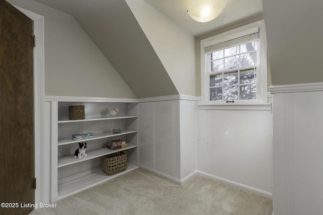 additional living space with a wainscoted wall, vaulted ceiling, and carpet flooring