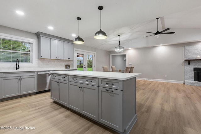 1614 W Reel Dr, La Grange, KY 40031 - kitchen with gray cabinetry, dishwasher, a sink, a ceiling fan, and recessed lighting