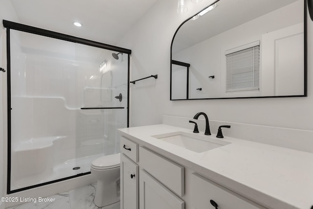 1614 W Reel Dr, La Grange, KY 40031 - bathroom featuring marble look tiles, toilet, a stall shower, vanity, and recessed lighting