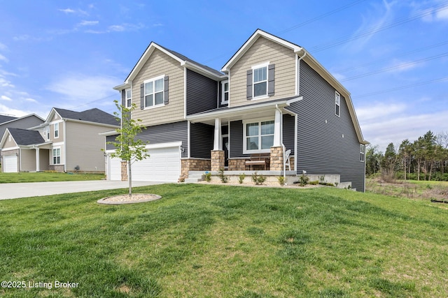 4107 Cobblestone Ln, La Grange, KY 40031 - craftsman-style house with a porch, a front lawn, an attached garage, and concrete driveway