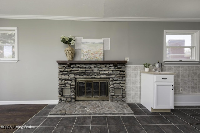 interior details featuring ornamental molding and a fireplace