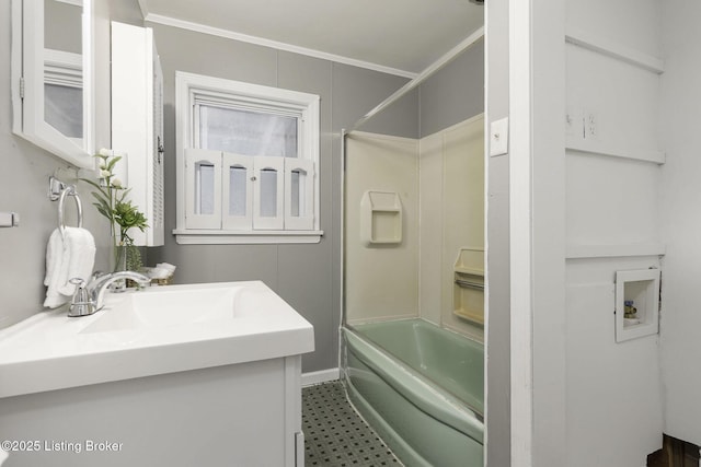 full bathroom featuring crown molding, tile patterned floors, shower / tub combination, and vanity