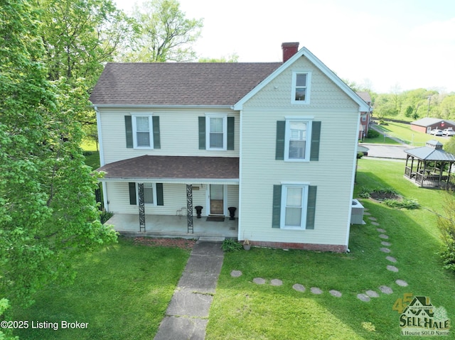 116 Lebanon Hl, Springfield, KY 40069 - view of front of house featuring a porch, a chimney, a front yard, a gazebo, and a shingled roof