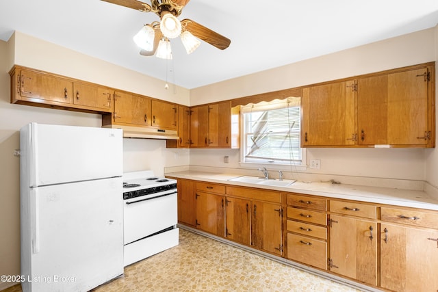 4605 S 3rd St, Louisville, KY 40214 - kitchen with a ceiling fan, a sink, light countertops, under cabinet range hood, and white appliances