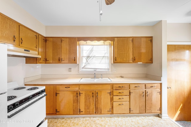 4605 S 3rd St, Louisville, KY 40214 - kitchen featuring brown cabinets, a sink, light countertops, under cabinet range hood, and white electric range