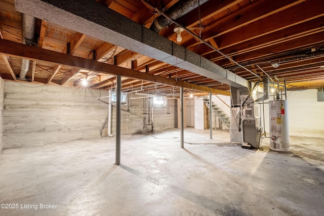 4605 S 3rd St, Louisville, KY 40214 - unfinished basement featuring stairs, heating unit, and gas water heater