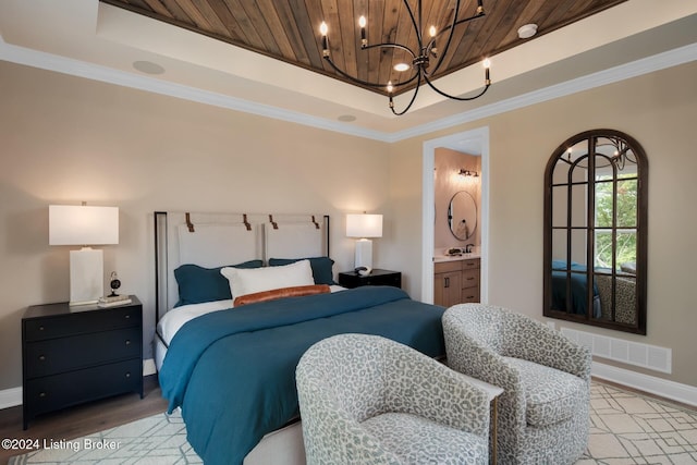 bedroom featuring visible vents, wood ceiling, and a tray ceiling