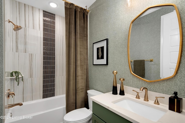 full bathroom with shower / bath combo with shower curtain, toilet, and vanity