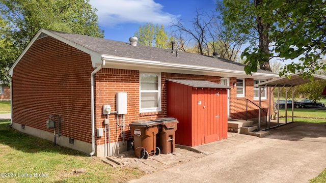 view of side of property with brick siding and crawl space