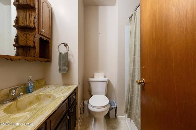 full bath with vanity, a shower with shower curtain, tile patterned floors, and toilet